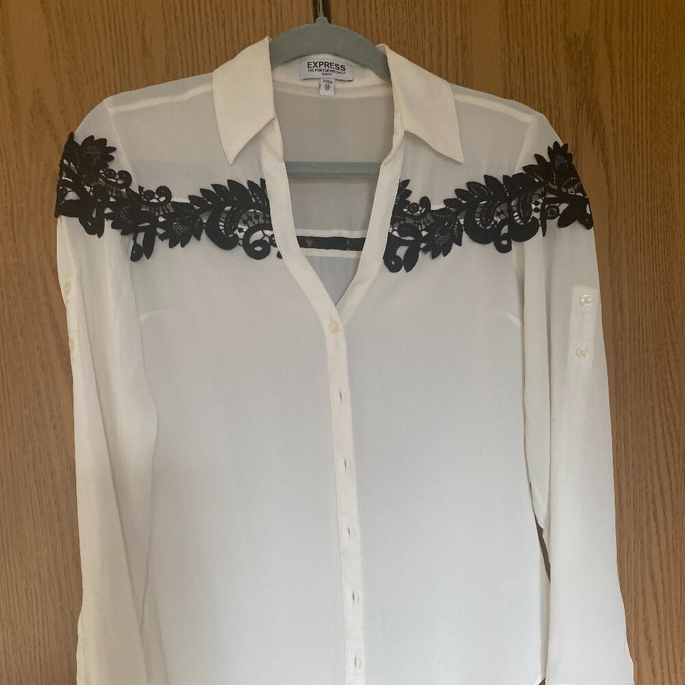 Express Portofino Shirt Slim Fit XS Sheer Cream & Black Lace Button Down Blouse